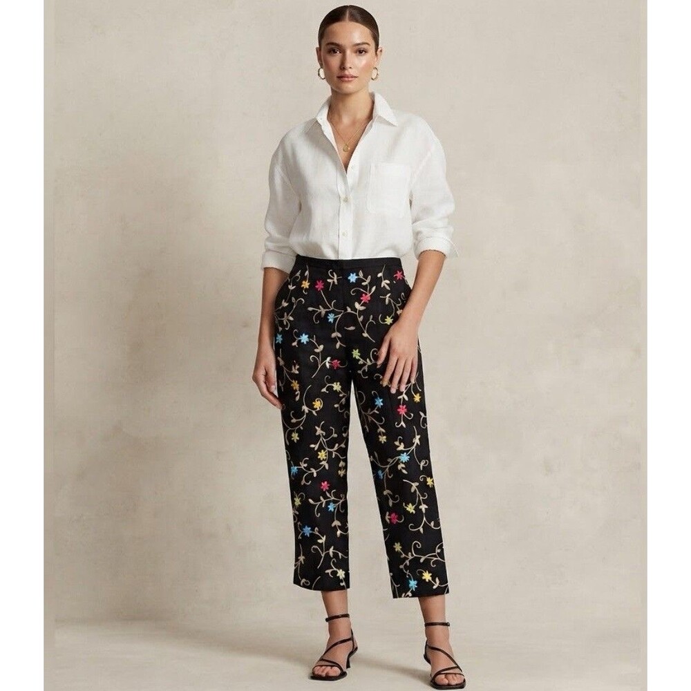 Talbots Petites 100% Irish Linen Black With Floral Embroidered Cropped Pants 10P